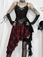 Plaid Patchwork Grommet Trim Asymmetrical Hem Lace Panel Camisole Mini Dress