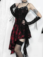 Plaid Patchwork Grommet Trim Asymmetrical Hem Lace Panel Camisole Mini Dress