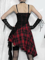 Plaid Patchwork Grommet Trim Asymmetrical Hem Lace Panel Camisole Mini Dress