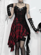Plaid Patchwork Grommet Trim Asymmetrical Hem Lace Panel Camisole Mini Dress