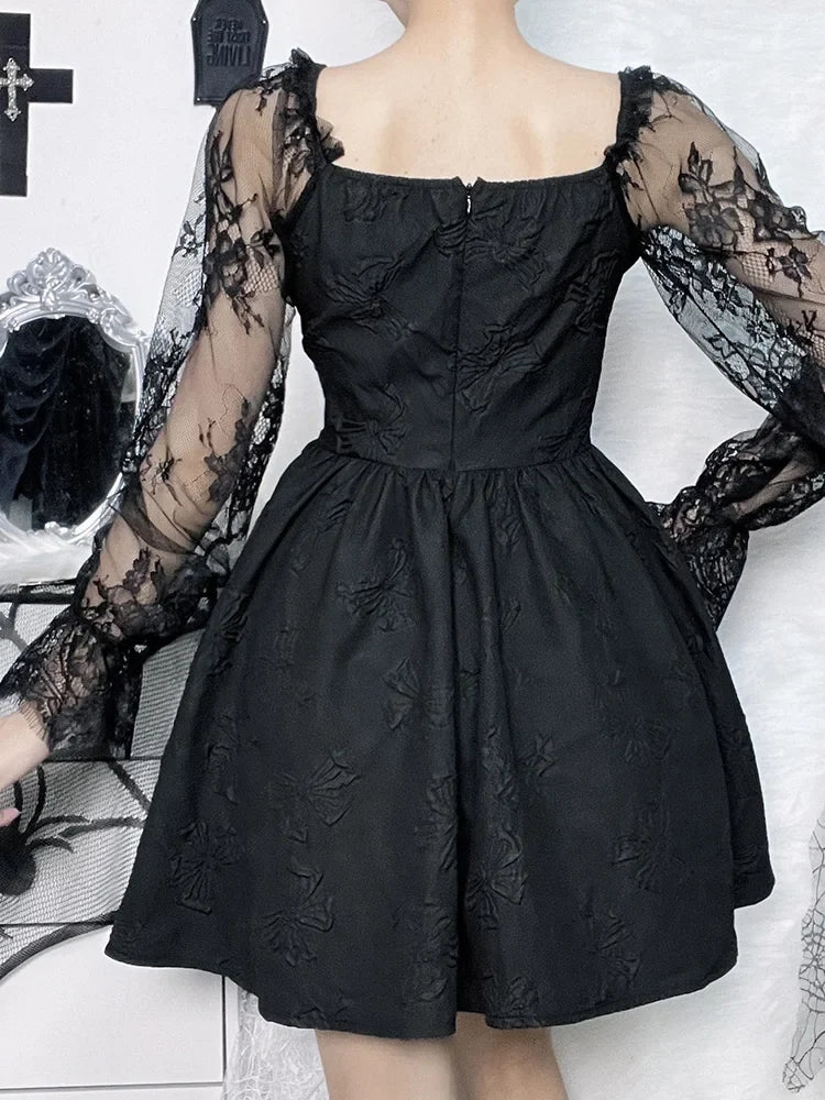 Sweetheart Lace Up Jacquard Bow Print Puff Sleeve Lolita Mini Dress