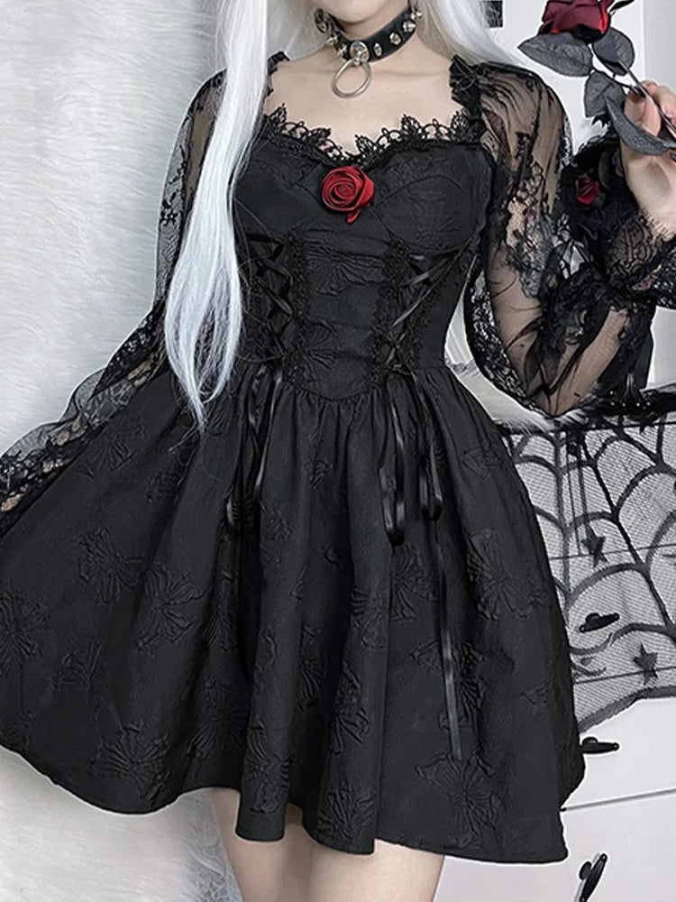 Sweetheart Lace Up Jacquard Bow Print Puff Sleeve Lolita Mini Dress