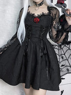 Sweetheart Lace Up Jacquard Bow Print Puff Sleeve Lolita Mini Dress