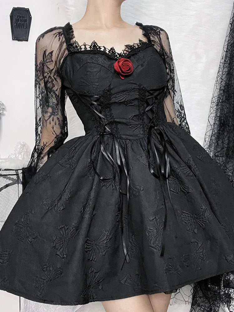 Sweetheart Lace Up Jacquard Bow Print Puff Sleeve Lolita Mini Dress