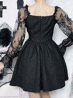 Gothic Jacquard Lace Up Corset Bishop Sleeve Puff Skirt Mini Dress