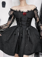 Gothic Jacquard Lace Up Corset Bishop Sleeve Puff Skirt Mini Dress