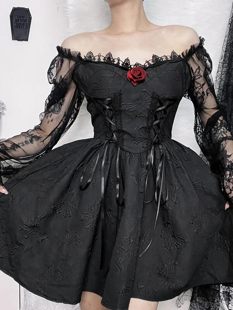 Gothic Jacquard Lace Up Corset Bishop Sleeve Puff Skirt Mini Dress