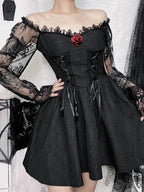 Gothic Jacquard Lace Up Corset Bishop Sleeve Puff Skirt Mini Dress