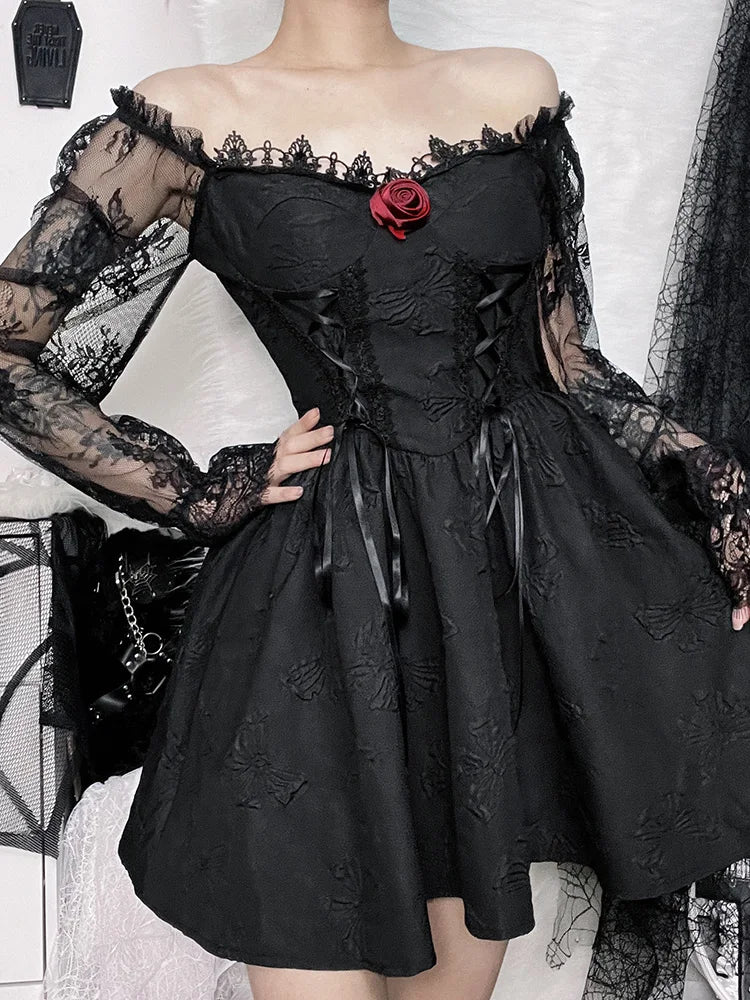 Gothic Jacquard Lace Up Corset Bishop Sleeve Puff Skirt Mini Dress