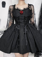 Gothic Jacquard Lace Up Corset Bishop Sleeve Puff Skirt Mini Dress