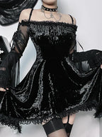 Off Shoulder Crushed Velvet Lace Trim Bell Sleeve Gothic Mini Dress