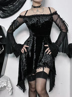 Off Shoulder Crushed Velvet Lace Trim Bell Sleeve Gothic Mini Dress