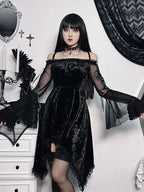 Off Shoulder Crushed Velvet Lace Trim Bell Sleeve Gothic Mini Dress