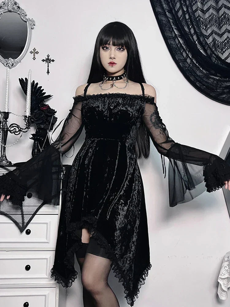 Off Shoulder Crushed Velvet Lace Trim Bell Sleeve Gothic Mini Dress