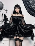 Off Shoulder Crushed Velvet Lace Trim Bell Sleeve Gothic Mini Dress