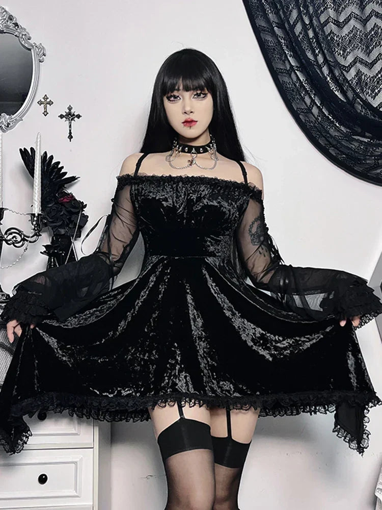 Off Shoulder Crushed Velvet Lace Trim Bell Sleeve Gothic Mini Dress