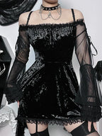 Off Shoulder Crushed Velvet Lace Trim Bell Sleeve Gothic Mini Dress
