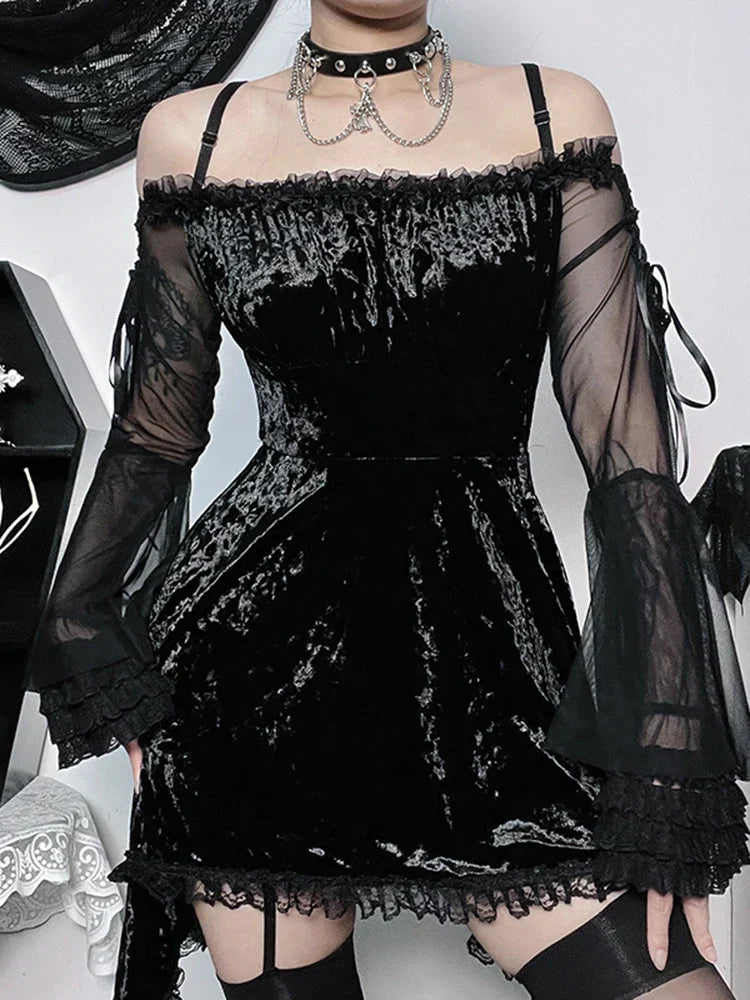 Off Shoulder Crushed Velvet Lace Trim Bell Sleeve Gothic Mini Dress