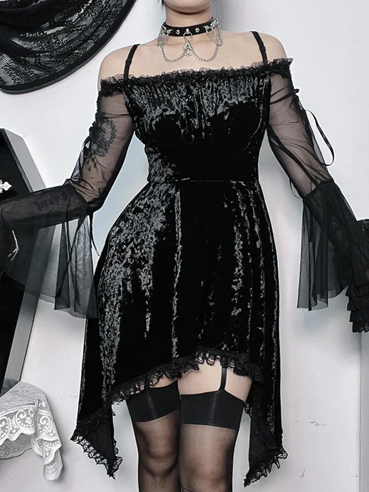Off Shoulder Crushed Velvet Lace Trim Bell Sleeve Gothic Mini Dress