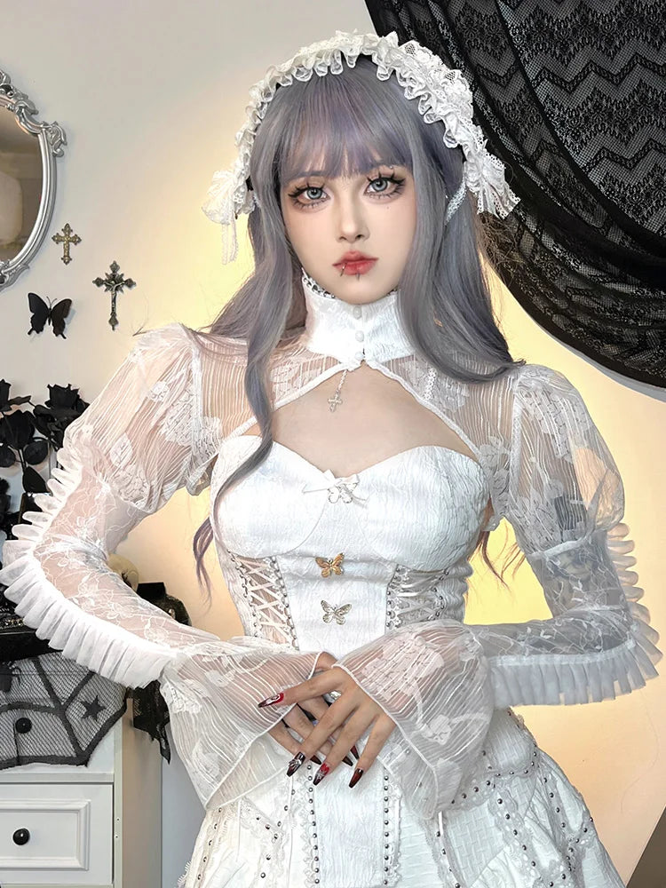 Gothic Jacquard Lace Up Corset Bell Sleeve Lace Bolero Mini Dress