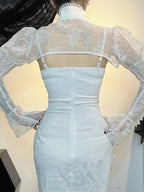 Gothic Jacquard Lace Up Corset Bell Sleeve Lace Bolero Mini Dress