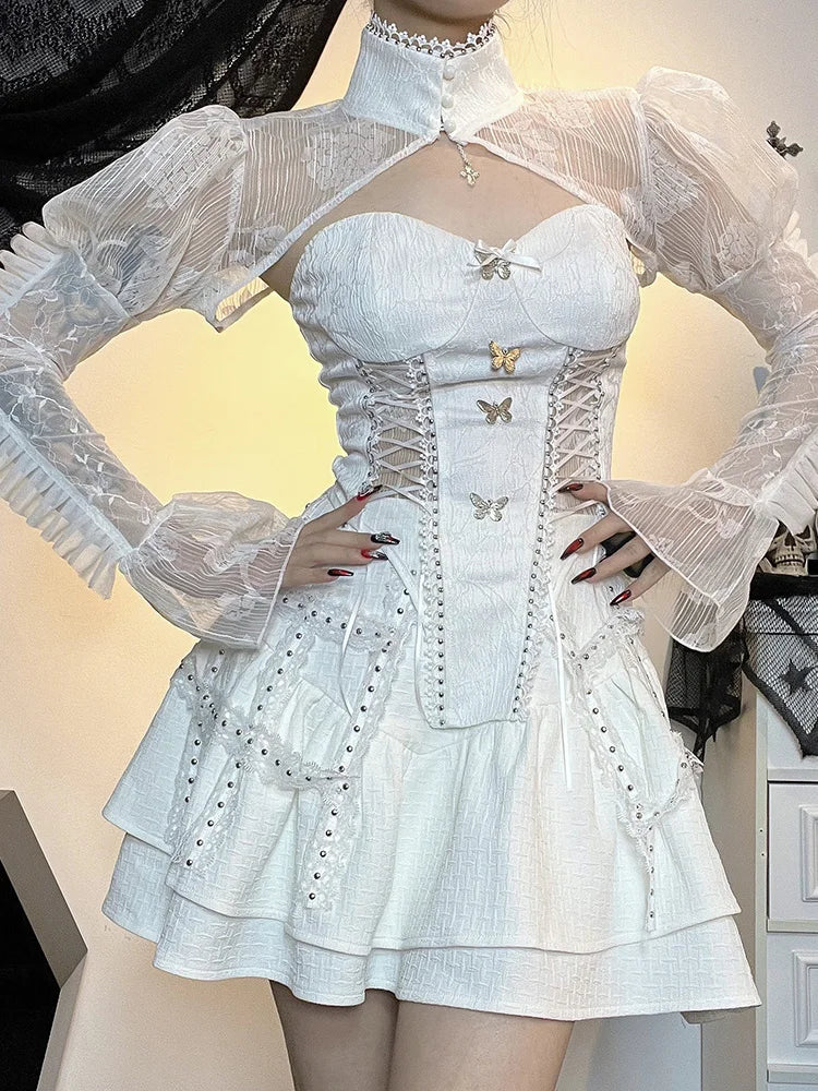 Gothic Jacquard Lace Up Corset Bell Sleeve Lace Bolero Mini Dress