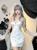 Gothic Jacquard Lace Up Corset Bell Sleeve Lace Bolero Mini Dress