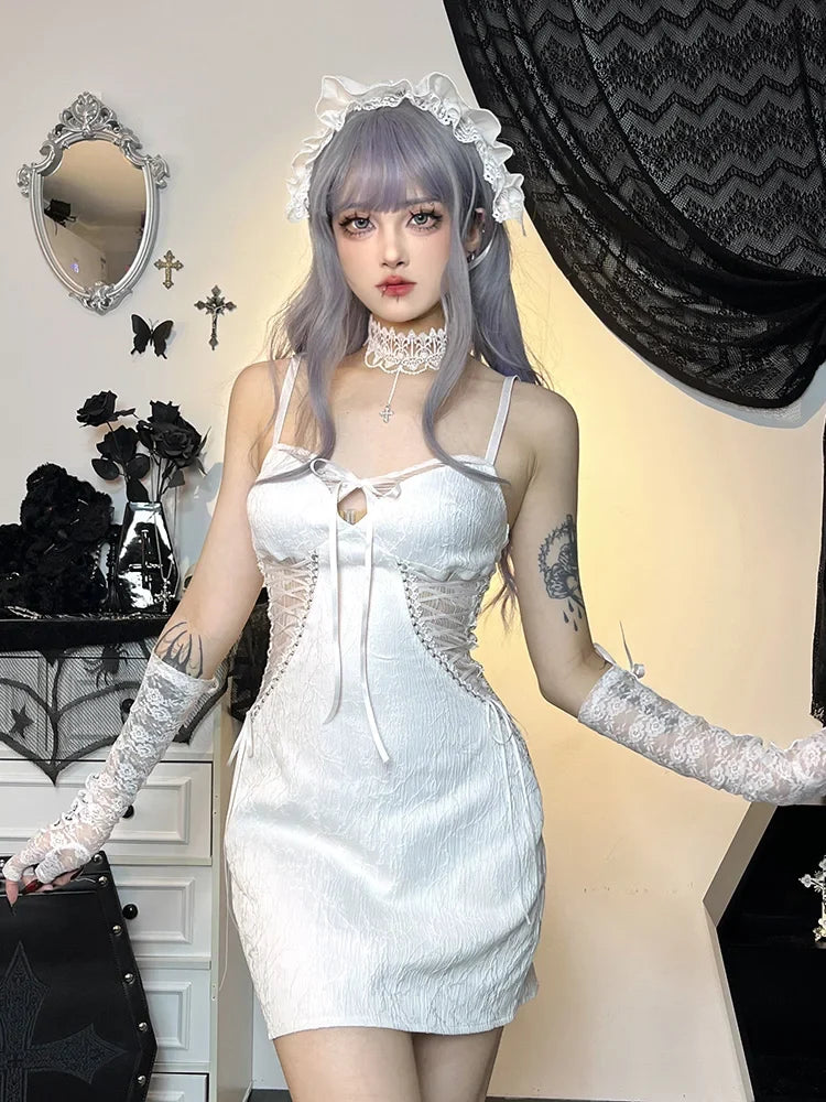 Gothic Jacquard Lace Up Corset Bell Sleeve Lace Bolero Mini Dress