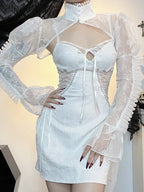 Gothic Jacquard Lace Up Corset Bell Sleeve Lace Bolero Mini Dress