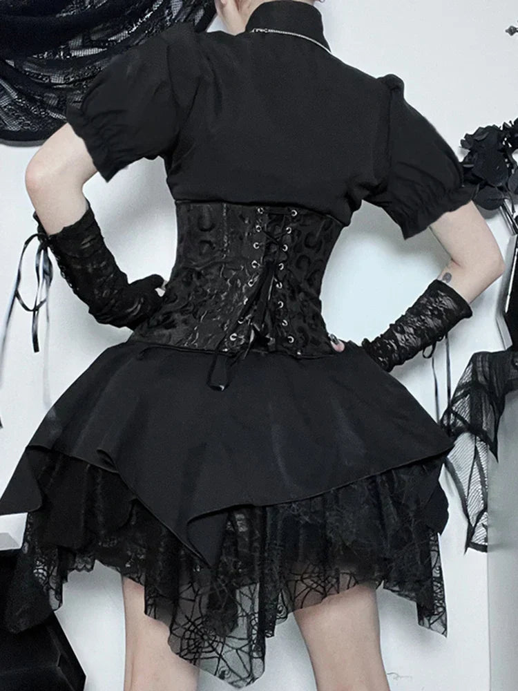 Gothic Brocade Corset Lace Up Tiered Handkerchief Lace Mini Skirt Set
