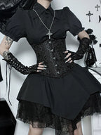Gothic Brocade Corset Lace Up Tiered Handkerchief Lace Mini Skirt Set