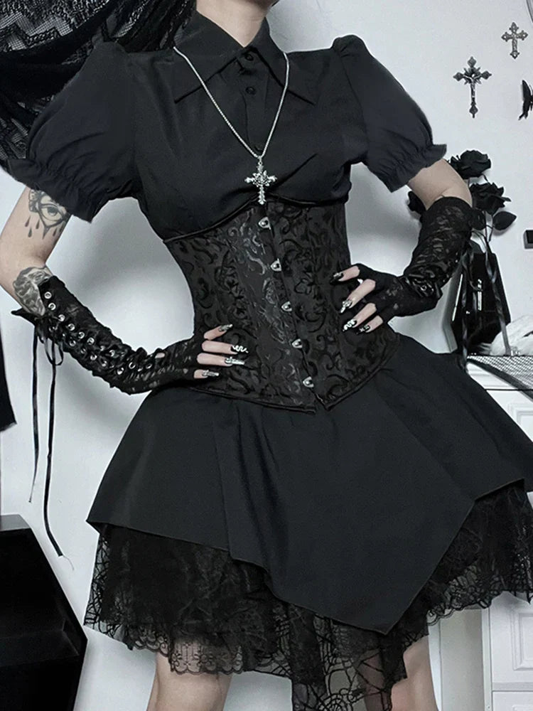 Gothic Brocade Corset Lace Up Tiered Handkerchief Lace Mini Skirt Set