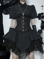 Gothic Brocade Corset Lace Up Tiered Handkerchief Lace Mini Skirt Set