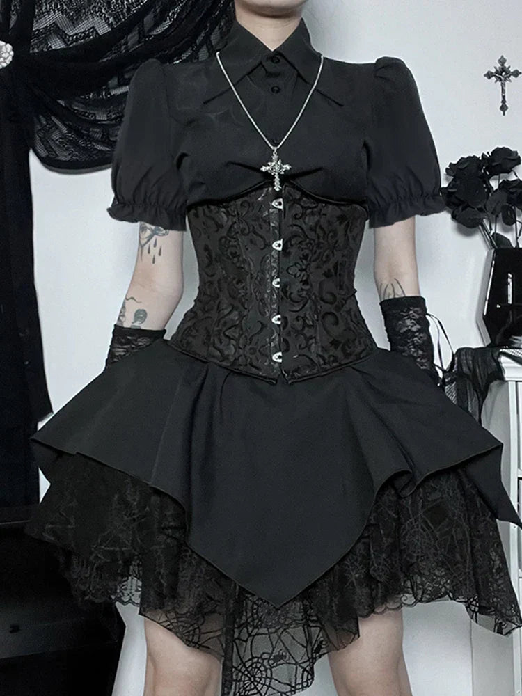 Gothic Brocade Corset Lace Up Tiered Handkerchief Lace Mini Skirt Set