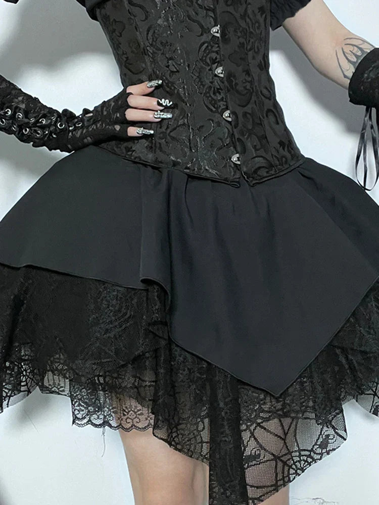 Gothic Brocade Corset Lace Up Tiered Handkerchief Lace Mini Skirt Set