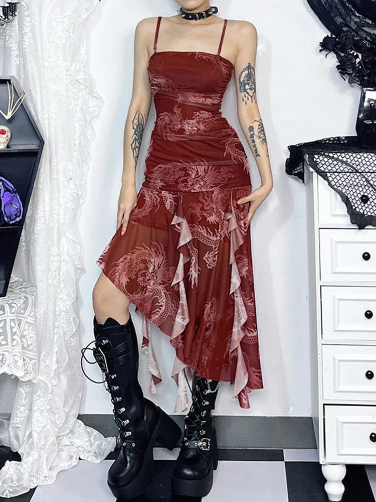 Dragon Print Mesh Overlay Spaghetti Strap Asymmetrical Ruffle Midi Dress
