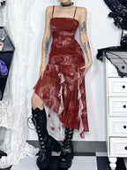 Dragon Print Mesh Overlay Spaghetti Strap Asymmetrical Ruffle Midi Dress
