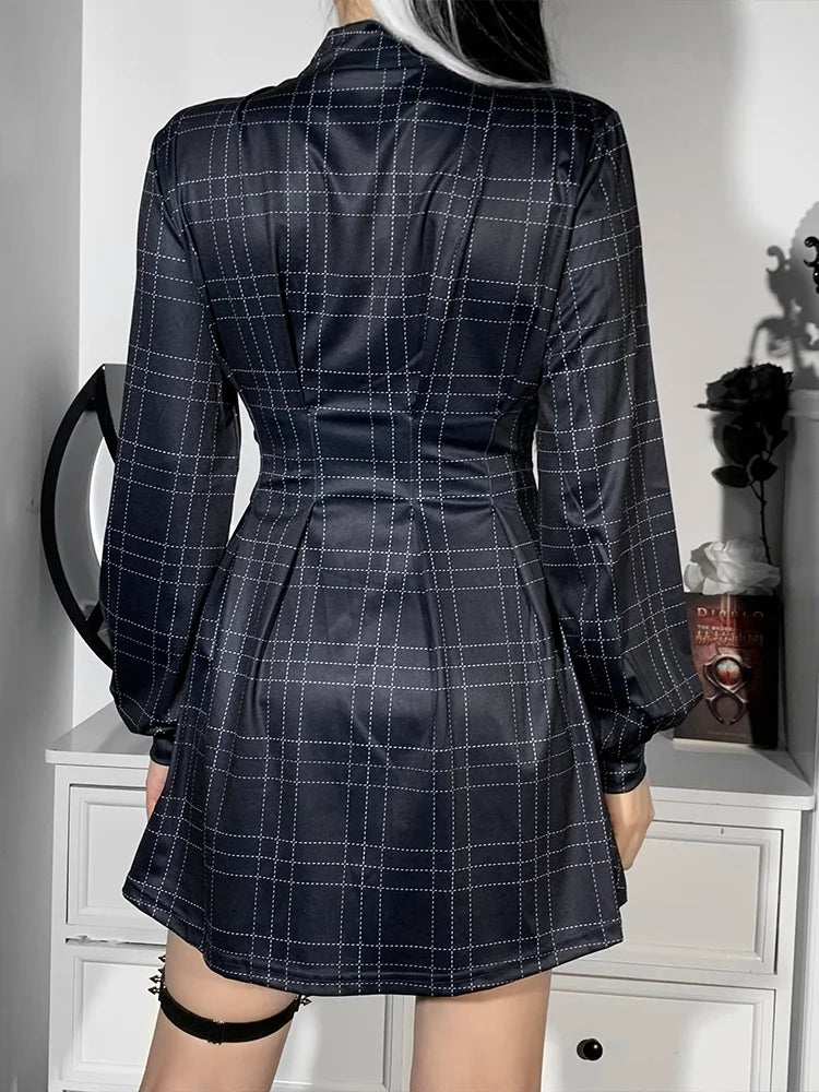 Plaid Winter Long Sleeve Turtleneck A-Line Cosplay Academy Pleated Corset Dark Blue E Girl Partywear Dress