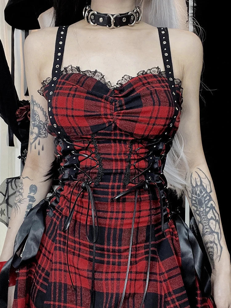Plaid Corset Lace Up Bow Detail Spaghetti Strap Mini Dress
