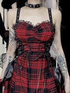 Plaid Corset Lace Up Bow Detail Spaghetti Strap Mini Dress