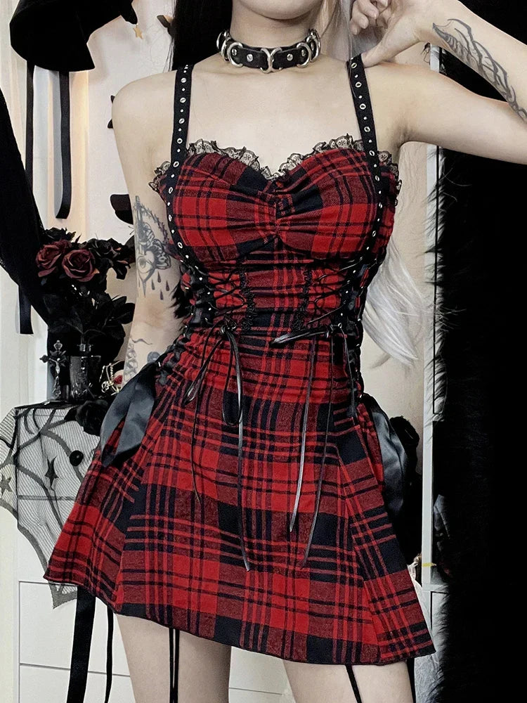 Plaid Corset Lace Up Bow Detail Spaghetti Strap Mini Dress
