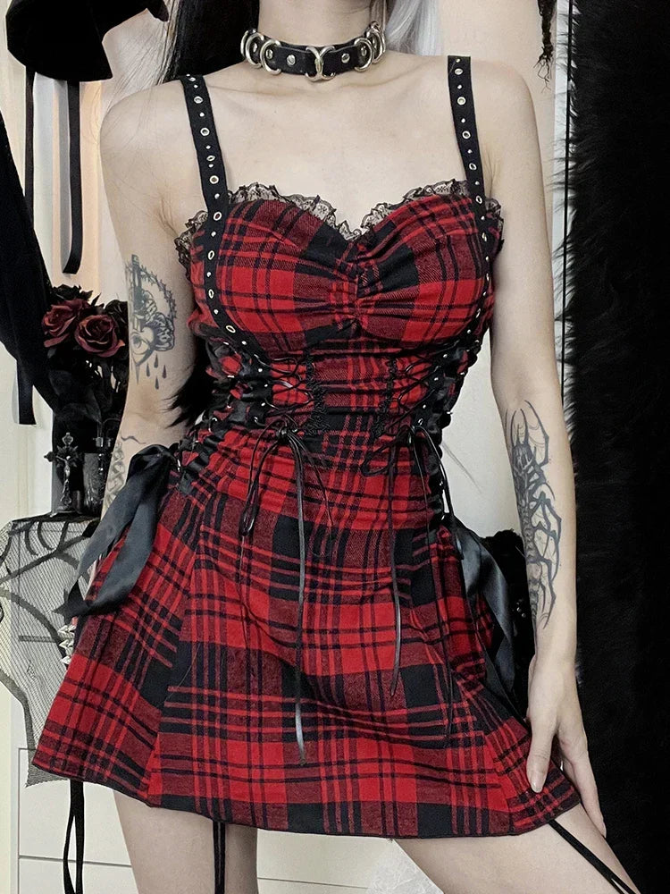 Plaid Corset Lace Up Bow Detail Spaghetti Strap Mini Dress