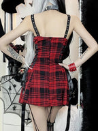Plaid Corset Lace Up Bow Detail Spaghetti Strap Mini Dress
