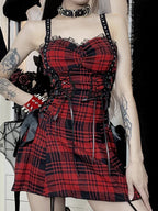 Plaid Corset Lace Up Bow Detail Spaghetti Strap Mini Dress