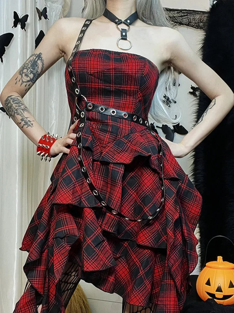 Plaid Strapless Tiered Ruffle Grommet Harness Belt Mini Dress