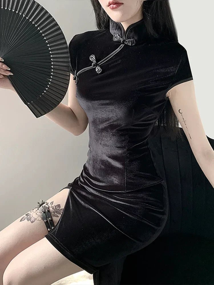 Velvet Mandarin Collar Frog Button High Split Cheongsam Bodycon Mini Dress