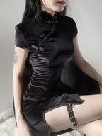 Velvet Mandarin Collar Frog Button High Split Cheongsam Bodycon Mini Dress