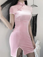 Velvet Mandarin Collar Frog Button High Split Cheongsam Bodycon Mini Dress