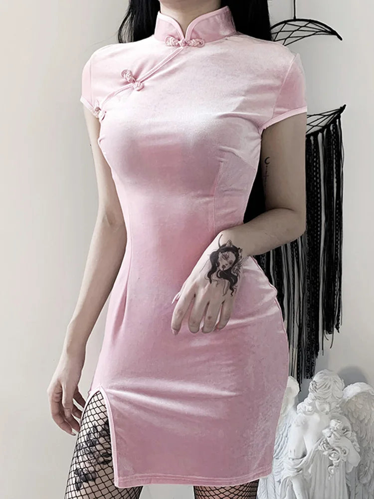 Velvet Mandarin Collar Frog Button High Split Cheongsam Bodycon Mini Dress