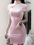Velvet Mandarin Collar Frog Button High Split Cheongsam Bodycon Mini Dress